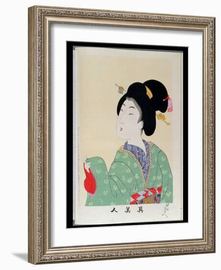 Shin Bijin (True Beauties) Depicting a Woman in a Green Floral Kimono, from a Series of 36,…-Toyohara Chikanobu-Framed Giclee Print