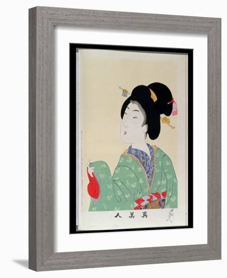 Shin Bijin (True Beauties) Depicting a Woman in a Green Floral Kimono, from a Series of 36,…-Toyohara Chikanobu-Framed Giclee Print