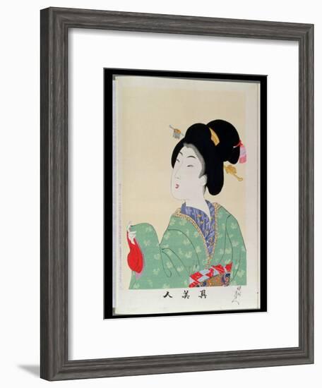 Shin Bijin (True Beauties) Depicting a Woman in a Green Floral Kimono, from a Series of 36,…-Toyohara Chikanobu-Framed Giclee Print