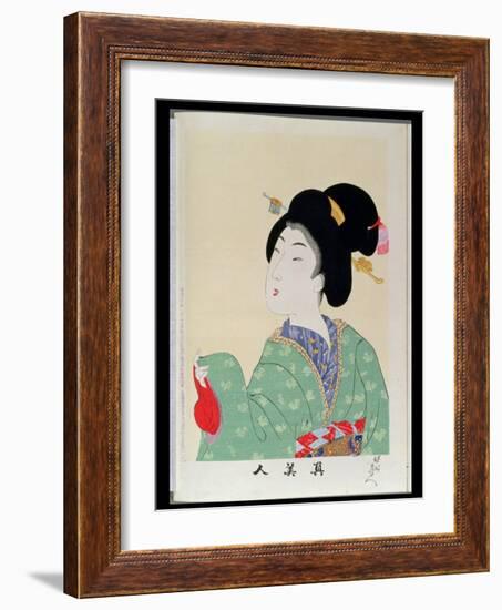 Shin Bijin (True Beauties) Depicting a Woman in a Green Floral Kimono, from a Series of 36,…-Toyohara Chikanobu-Framed Giclee Print