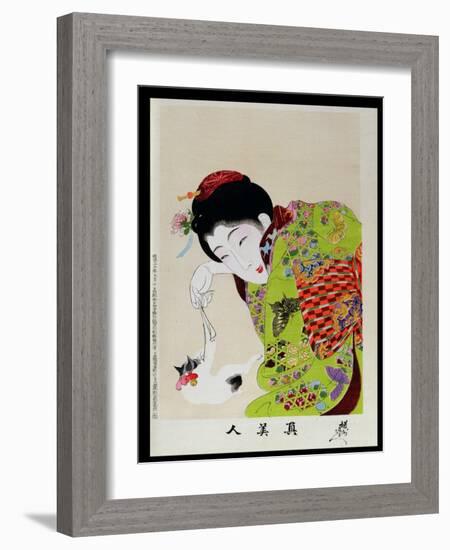 Shin Bijin (True Beauties) Depicting a Woman Playing with a Kitten, from a Series of 36, Modelled…-Toyohara Chikanobu-Framed Giclee Print