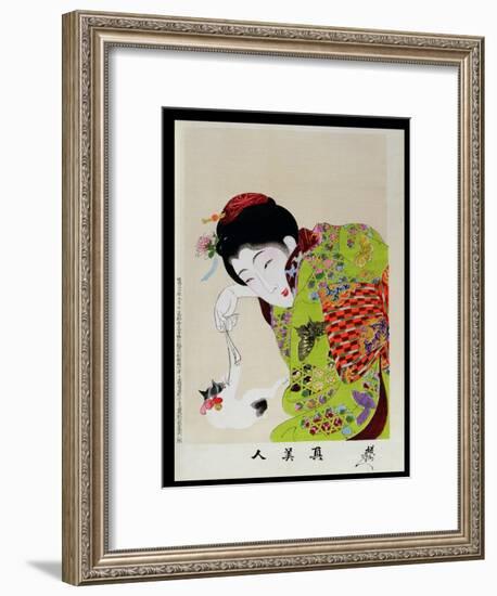 Shin Bijin (True Beauties) Depicting a Woman Playing with a Kitten, from a Series of 36, Modelled…-Toyohara Chikanobu-Framed Giclee Print