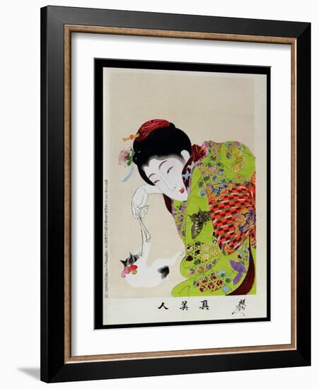 Shin Bijin (True Beauties) Depicting a Woman Playing with a Kitten, from a Series of 36, Modelled…-Toyohara Chikanobu-Framed Giclee Print