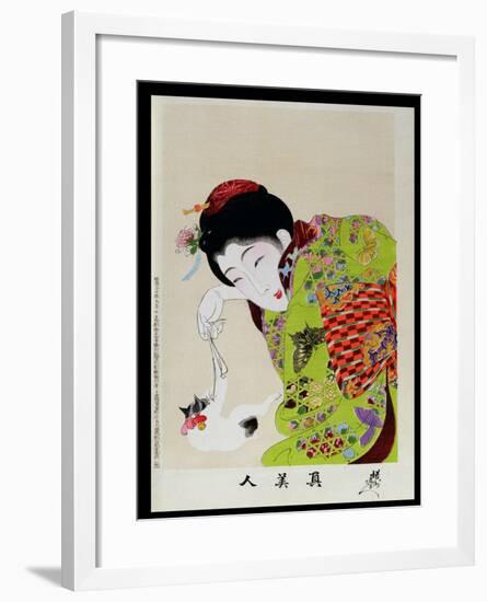 Shin Bijin (True Beauties) Depicting a Woman Playing with a Kitten, from a Series of 36, Modelled…-Toyohara Chikanobu-Framed Giclee Print