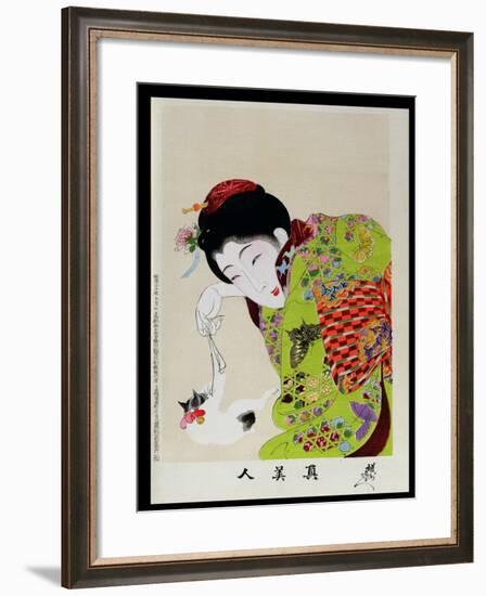 Shin Bijin (True Beauties) Depicting a Woman Playing with a Kitten, from a Series of 36, Modelled…-Toyohara Chikanobu-Framed Giclee Print