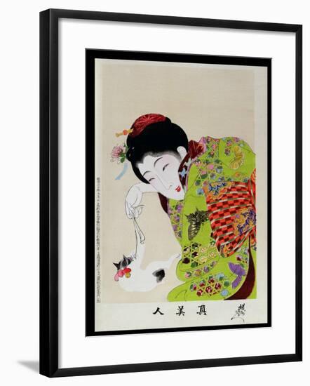 Shin Bijin (True Beauties) Depicting a Woman Playing with a Kitten, from a Series of 36, Modelled…-Toyohara Chikanobu-Framed Giclee Print