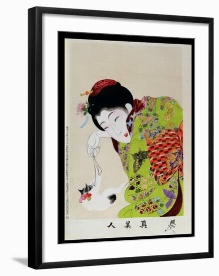 Shin Bijin (True Beauties) Depicting a Woman Playing with a Kitten, from a Series of 36, Modelled…-Toyohara Chikanobu-Framed Giclee Print