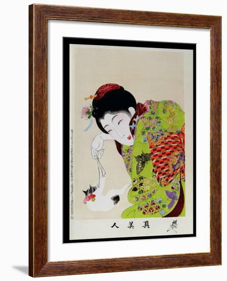 Shin Bijin (True Beauties) Depicting a Woman Playing with a Kitten, from a Series of 36, Modelled…-Toyohara Chikanobu-Framed Giclee Print