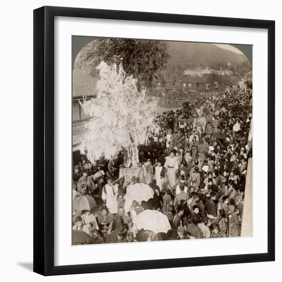 Shinto Procession Carrying Sacred Objects over a Bridge to the Imperial Museum, Kyoto, Japan, 1904-Underwood & Underwood-Framed Photographic Print