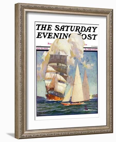 "Ship and Sailboats," Saturday Evening Post Cover, July 16, 1932-Gordon Grant-Framed Giclee Print