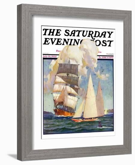 "Ship and Sailboats," Saturday Evening Post Cover, July 16, 1932-Gordon Grant-Framed Giclee Print