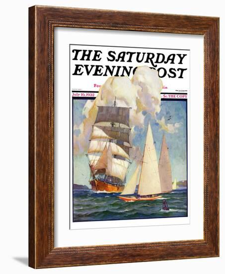 "Ship and Sailboats," Saturday Evening Post Cover, July 16, 1932-Gordon Grant-Framed Giclee Print