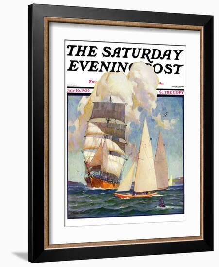 "Ship and Sailboats," Saturday Evening Post Cover, July 16, 1932-Gordon Grant-Framed Giclee Print