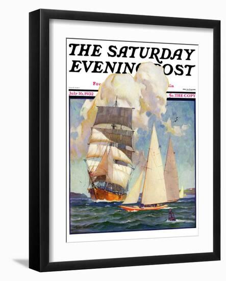 "Ship and Sailboats," Saturday Evening Post Cover, July 16, 1932-Gordon Grant-Framed Giclee Print