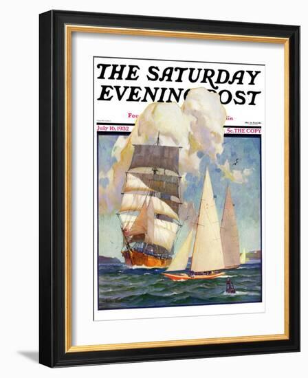 "Ship and Sailboats," Saturday Evening Post Cover, July 16, 1932-Gordon Grant-Framed Giclee Print