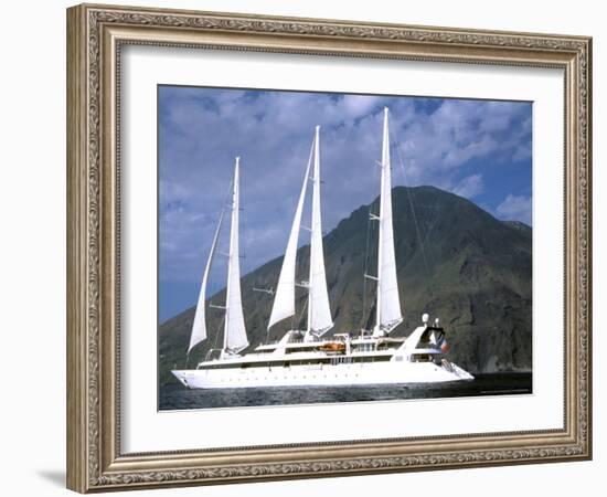 Ship and Stromboli Volcano, Le Ponant, Aeolian Islands, Sicily, Italy-Connie Bransilver-Framed Photographic Print