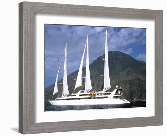 Ship and Stromboli Volcano, Le Ponant, Aeolian Islands, Sicily, Italy-Connie Bransilver-Framed Photographic Print