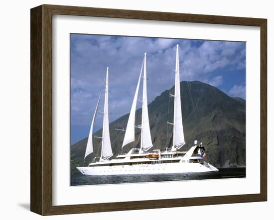 Ship and Stromboli Volcano, Le Ponant, Aeolian Islands, Sicily, Italy-Connie Bransilver-Framed Photographic Print