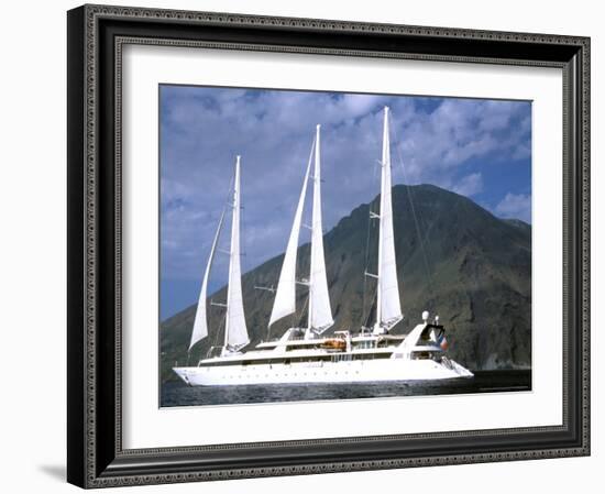 Ship and Stromboli Volcano, Le Ponant, Aeolian Islands, Sicily, Italy-Connie Bransilver-Framed Photographic Print