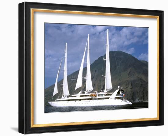 Ship and Stromboli Volcano, Le Ponant, Aeolian Islands, Sicily, Italy-Connie Bransilver-Framed Photographic Print