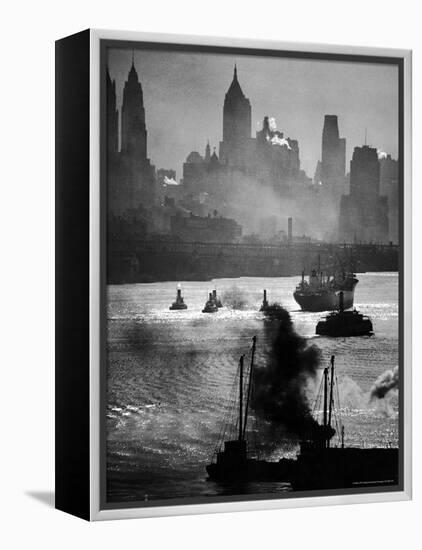 Ship and Tug Boat Traffic on the Hudson River with New York City Skyline-Andreas Feininger-Framed Premier Image Canvas