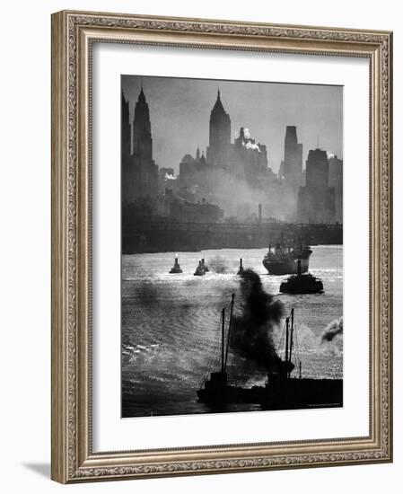 Ship and Tug Boat Traffic on the Hudson River with New York City Skyline-Andreas Feininger-Framed Photographic Print