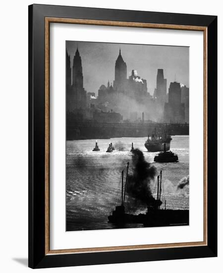 Ship and Tug Boat Traffic on the Hudson River with New York City Skyline-Andreas Feininger-Framed Photographic Print