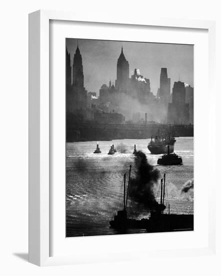 Ship and Tug Boat Traffic on the Hudson River with New York City Skyline-Andreas Feininger-Framed Photographic Print