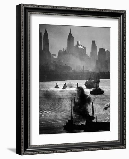 Ship and Tug Boat Traffic on the Hudson River with New York City Skyline-Andreas Feininger-Framed Photographic Print