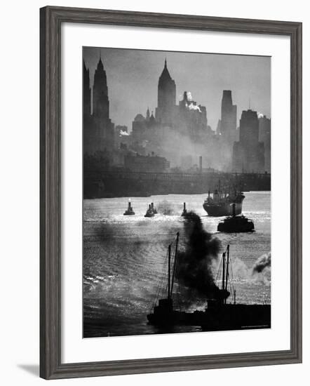 Ship and Tug Boat Traffic on the Hudson River with New York City Skyline-Andreas Feininger-Framed Photographic Print