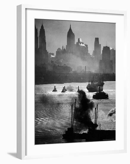 Ship and Tug Boat Traffic on the Hudson River with New York City Skyline-Andreas Feininger-Framed Photographic Print