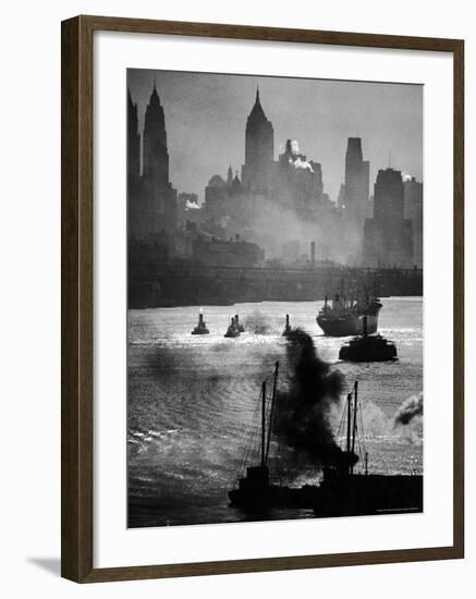 Ship and Tug Boat Traffic on the Hudson River with New York City Skyline-Andreas Feininger-Framed Photographic Print