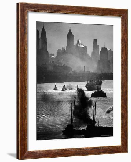 Ship and Tug Boat Traffic on the Hudson River with New York City Skyline-Andreas Feininger-Framed Photographic Print