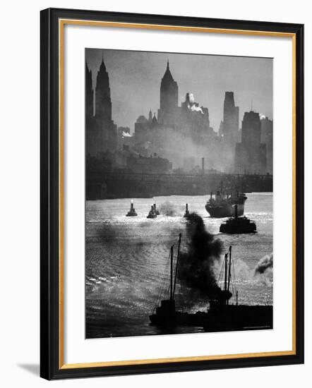 Ship and Tug Boat Traffic on the Hudson River with New York City Skyline-Andreas Feininger-Framed Photographic Print