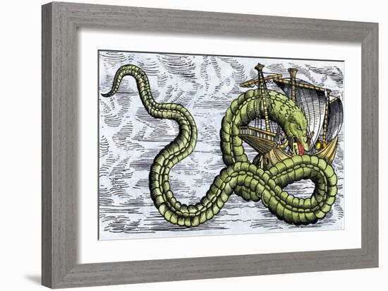 Ship Attacked by a Sea Serpent in the Sea of Darkness-null-Framed Giclee Print