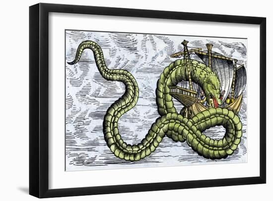 Ship Attacked by a Sea Serpent in the Sea of Darkness-null-Framed Giclee Print