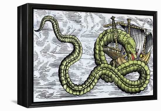 Ship Attacked by a Sea Serpent in the Sea of Darkness-null-Framed Premier Image Canvas