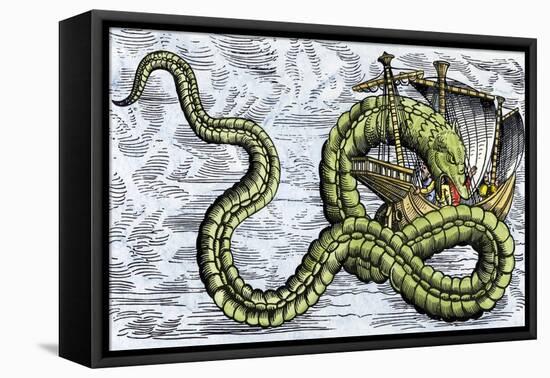 Ship Attacked by a Sea Serpent in the Sea of Darkness-null-Framed Premier Image Canvas