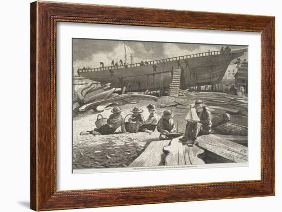 Ship Building, Gloucester Harbor, Published in "Harper's Weekly", October 11, 1873-Winslow Homer-Framed Giclee Print