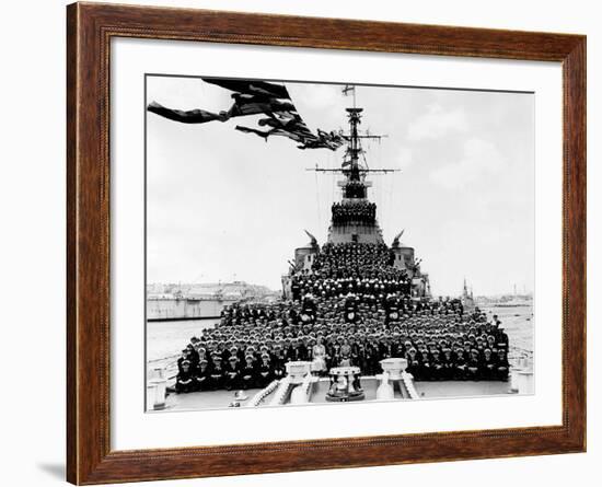 Ship HMS Glasgow: Lord Mountbatten,Queen Elizabeth, Prince Philip and the Crew-null-Framed Photographic Print