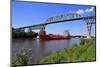 Ship on Kiel Canal going under the Railway Bridge of Hochdonn, Dithmarschen, Schleswig-Holstein, Ge-Hans-Peter Merten-Mounted Photographic Print