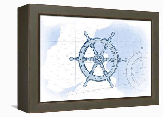 Ship Wheel - Blue - Coastal Icon-Lantern Press-Framed Stretched Canvas