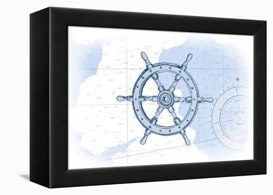 Ship Wheel - Blue - Coastal Icon-Lantern Press-Framed Stretched Canvas