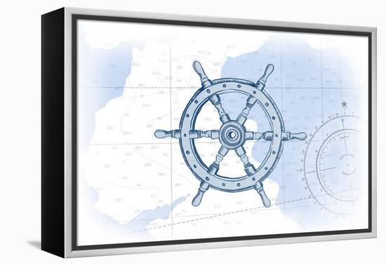 Ship Wheel - Blue - Coastal Icon-Lantern Press-Framed Stretched Canvas