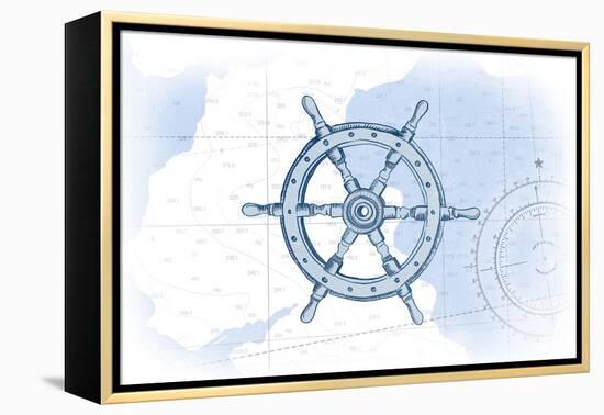 Ship Wheel - Blue - Coastal Icon-Lantern Press-Framed Stretched Canvas