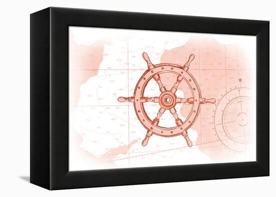 Ship Wheel - Coral - Coastal Icon-Lantern Press-Framed Stretched Canvas