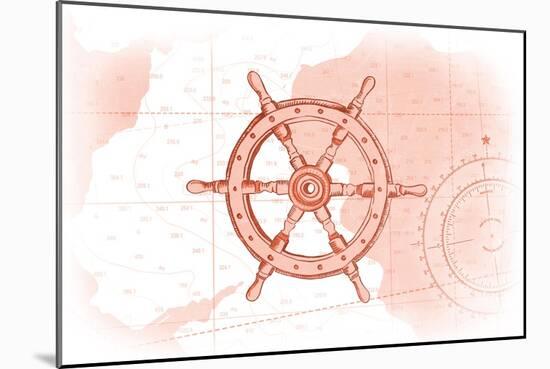 Ship Wheel - Coral - Coastal Icon-Lantern Press-Mounted Art Print