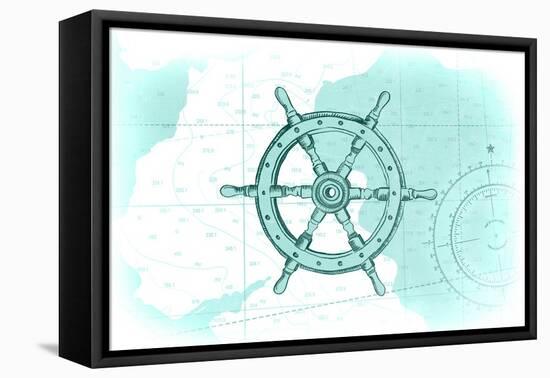 Ship Wheel - Teal - Coastal Icon-Lantern Press-Framed Stretched Canvas