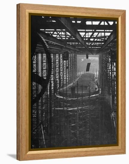 Shipbuilding, 10,000 Ton Merchantman Frames on Overhead Trolley Crane Dropping Plate into Position-William Vandivert-Framed Premier Image Canvas