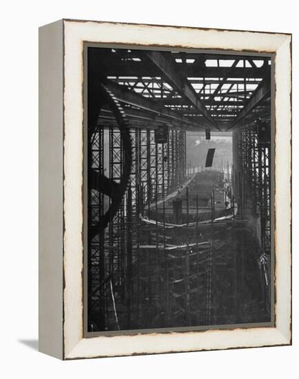Shipbuilding, 10,000 Ton Merchantman Frames on Overhead Trolley Crane Dropping Plate into Position-William Vandivert-Framed Premier Image Canvas